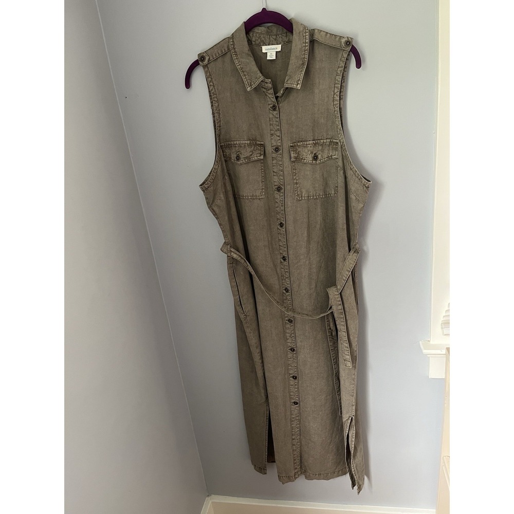 Sundance Women's Size XL Green Gray Button Up Sleeveless Midi Dress Tie Waist